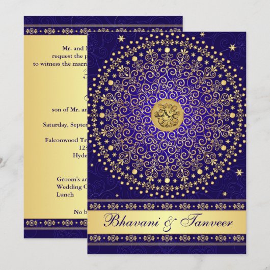 Hindu Ganesh Blue Gold Scrolls Mariage Invitation (Devant / Derrière)
