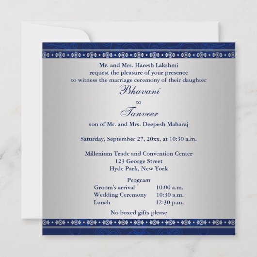 Hindu Ganesh Blue Silver Scrolls Invitation de mar (Dos)