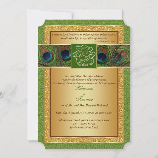 Hindu Ganesh Green, Mariage Peacock Or Invitation (Devant)