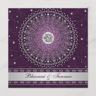 Hindu Ganesh Paars, Silver Scroll Wedding Invite Kaart