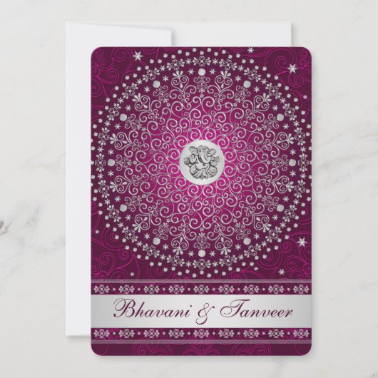Hindu Ganesh Plum, Silver Scrolls Wedding Invite 2 Kaart (Voorkant)