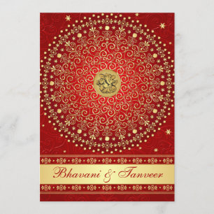 Hindu Ganesh Red Gold Scroll Wedding Invite 2 Kaart