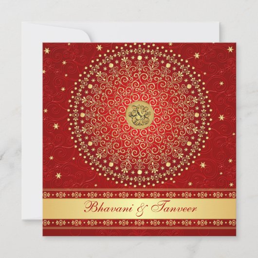 Hindu Ganesh Red, Gold Scroll Wedding Invite Kaart (Voorkant)