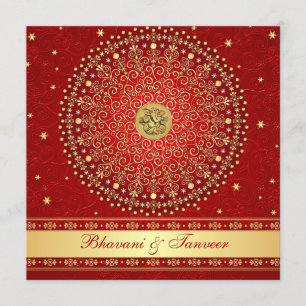 Hindu Ganesh Red, Gold Scroll Wedding Invite Kaart