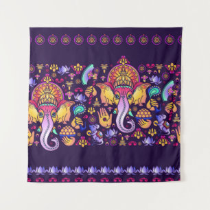 Hindu God Ganesha en Indische symbolen in strips Wandkleed