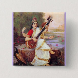 Hindu Goddess Saraswati Vierkante Button 5,1 Cm