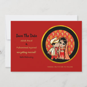 Hindu Wedding Invitting Red Gold Cartoon Couple Kaart
