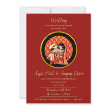 Hindu Wedding Invitting Red Gold Cartoon Couple