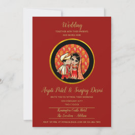Hindu Wedding Invitting Red Gold Cartoon Couple Kaart