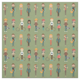 Hip Cartoon Mensen Illustratiepatroon (groen) Stof