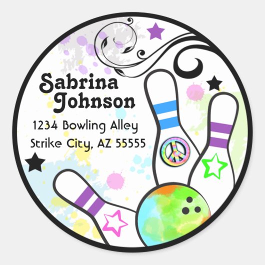 Hip en Kleurrijke Bowling Adreslabel Ronde Sticker (Voorkant)