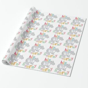 Hip Hip Hooray Gray Hippo Tekening Cadeaupapier
