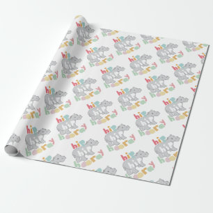 Hip Hip Hooray Gray Hippo Tekening Cadeaupapier