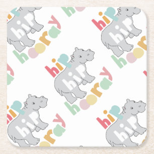 Hip Hip Hooray Gray Hippo Tekening Vierkante Kartonnen Onderzetter