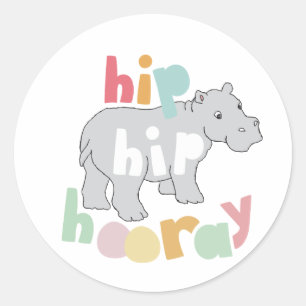 Hip Hip Hooray Grijs Hippo Tekening Leuke Dierlijk Ronde Sticker