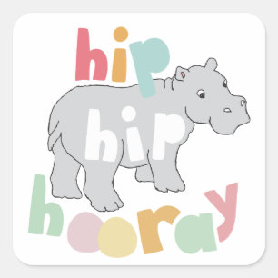 Hip Hip Hooray Grijs Hippo Tekening Leuke Dierlijk Vierkante Sticker