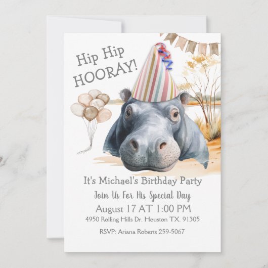 Hip Hip Hooray Hippo Birthday Kaart (Voorkant)