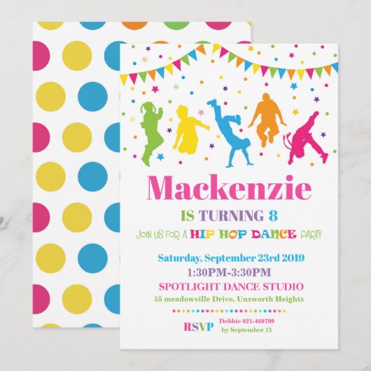 Hip hop Danse Anniversaire Fête Invitation Fille (Devant / Derrière)