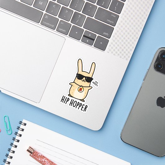 Hip Hopper Funny Bunny Rabbit Pun Sticker (Laptop met iPhone)