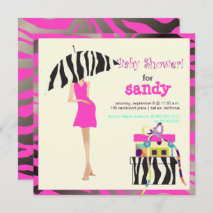HIP MAMA, SILVER PINK ZEBRA BABY SHOWER INVITEERT KAART