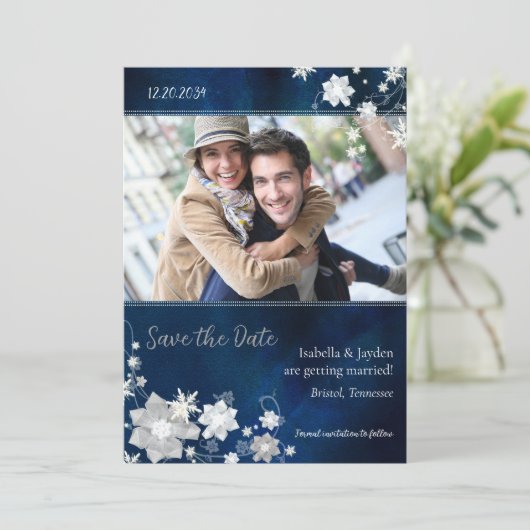 Hip Navy Blue Winter Photo Wedding Save the Date (Staand voorkant)