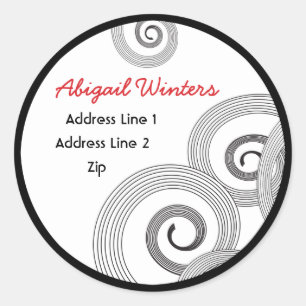 Hip Retro Zwart Swirl en Rood Adreslabel Ronde Sticker