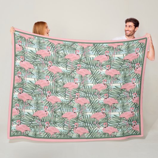 Hip roze flamingoes Cute Palm Leafs Art Pattern Fleece Deken (In situ)