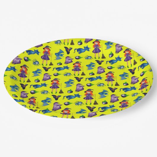 Hip spooky heks Halloween partij levert geel Papieren Bordje (Gekanteld)