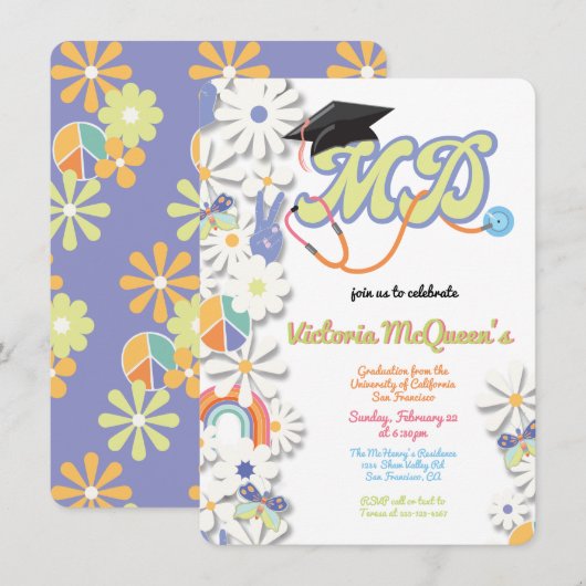 Hippie 60's 70's Doctor MD Graduation Invitation (Devant / Derrière)