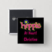 Hippie à Heart Hot Pink Art Black Name Badge (Devant & derrière)