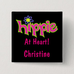 Hippie à Heart Hot Pink Art Black Name Badge