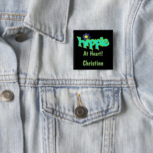 Hippie at Heart Turquoise Art Black Name Badge (En situation)