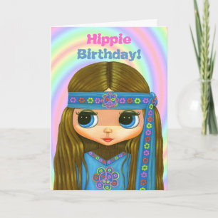 Hippie Birthday. Cute Blue Hippie Girl Doll Card Kaart