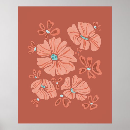 Hippie Blooms: Abstracte Red Flower Power kunstwer Poster (Voorkant)