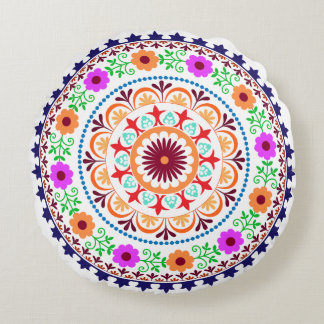 Hippie bohemienbloemontwerp rond kussen-wit rond kussen