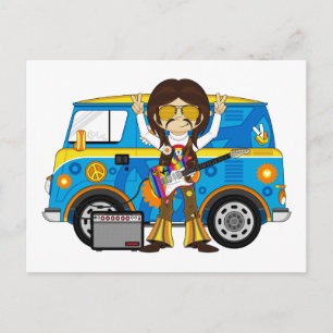 Hippie Boy met Guitar & Camper Van Briefkaart