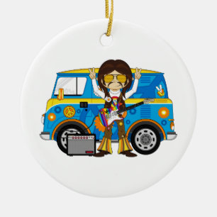 Hippie Boy met Guitar & Camper Van Keramisch Ornament
