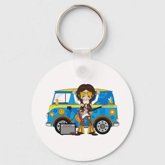 Hippie Boy met Guitar & Camper Van Sleutelhanger (Voorkant)
