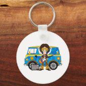 Hippie Boy met Guitar & Camper Van Sleutelhanger (Voorkant)