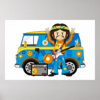Hippie Boy met Guitar en Camper Van