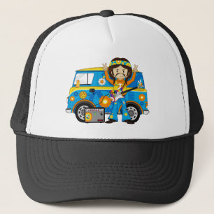 Hippie Boy met Guitar en Camper Van Trucker Pet