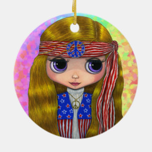 Hippie Chick in sterren en Stripes Peace Sign Cute Keramisch Ornament