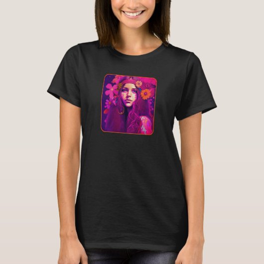 Hippie Child In Pink With Flowers In Her Hair Retr T-shirt (Voorkant)