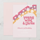 Hippie Daisy Young Wild and Three Birthday Kaart (Voorkant / Achterkant)