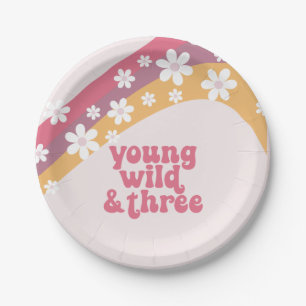 hippie Daisy Young Wild en Drie Verjaardag Papieren Bordje
