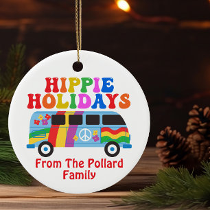 Hippie Feestdagen Cute Retro 70s Aangepaste kerst Keramisch Ornament