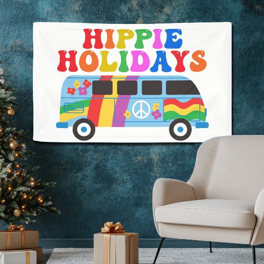 Hippie Feestdagen Cute Retro 70s Van Holiday Spandoek