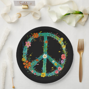 Hippie Floral Vredesteken op een zwarte achtergron Papieren Bordje