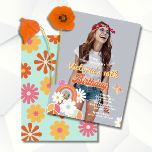 Hippie Flower Power Foto 70s 60s Birthday Party Kaart
