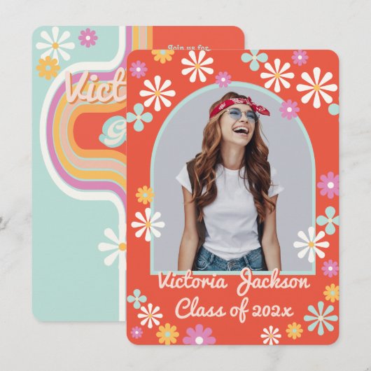 Hippie Flower Power Photo Graduation Invitation (Devant / Derrière)